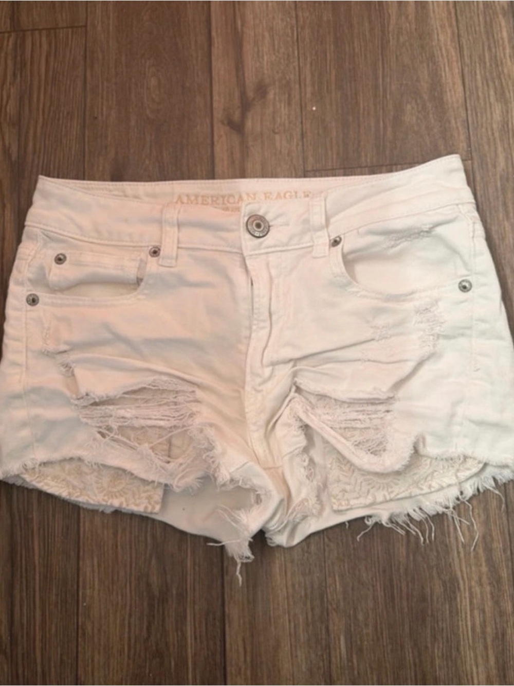 American Eagle Outfitters White Distressed Lace-Detail Jean Shorts